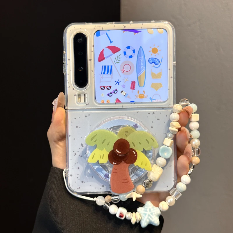 适用华为purax典藏版折叠屏手机壳pocket2蓝色泼墨椰树磁吸支架女