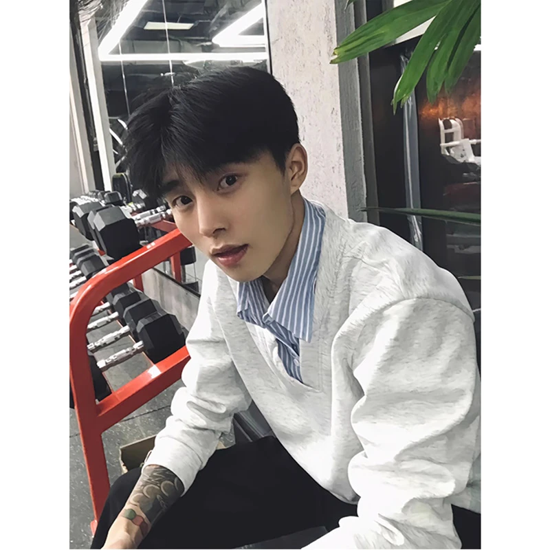 花灰色假两件卫衣男春秋美式复古衬衫领POLO衫cleanfit内搭打底衫