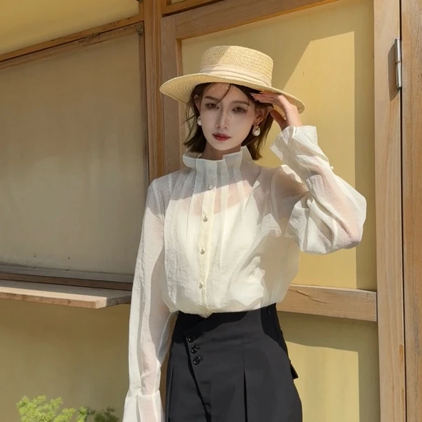 IDENTIFIES/易缔媤法式木耳领薄款设计感衬衫气质百搭上衣D33018