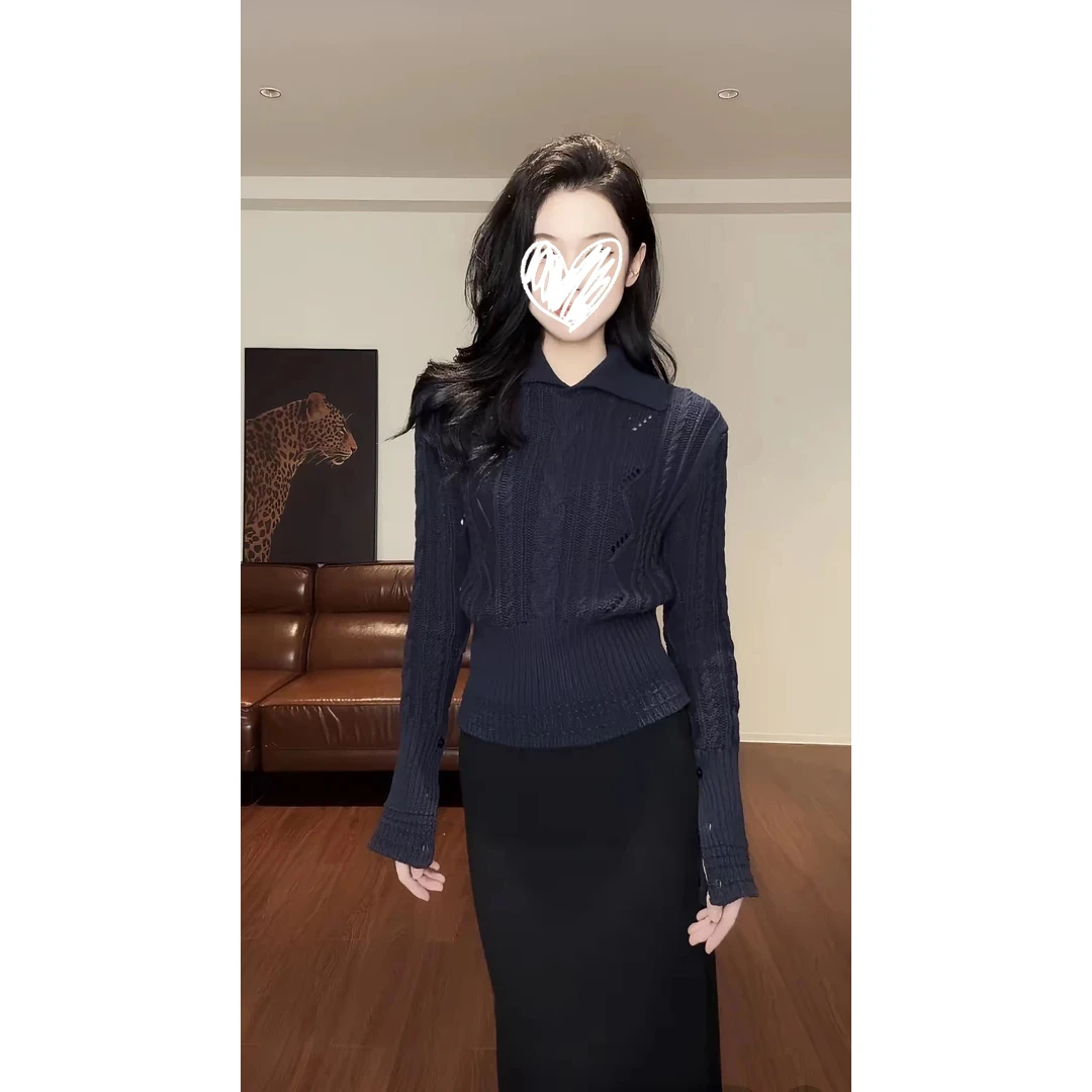 秋季翻领麻花下摆收腰显瘦百搭针织上衣毛衣针织包臀裙半身裙套装