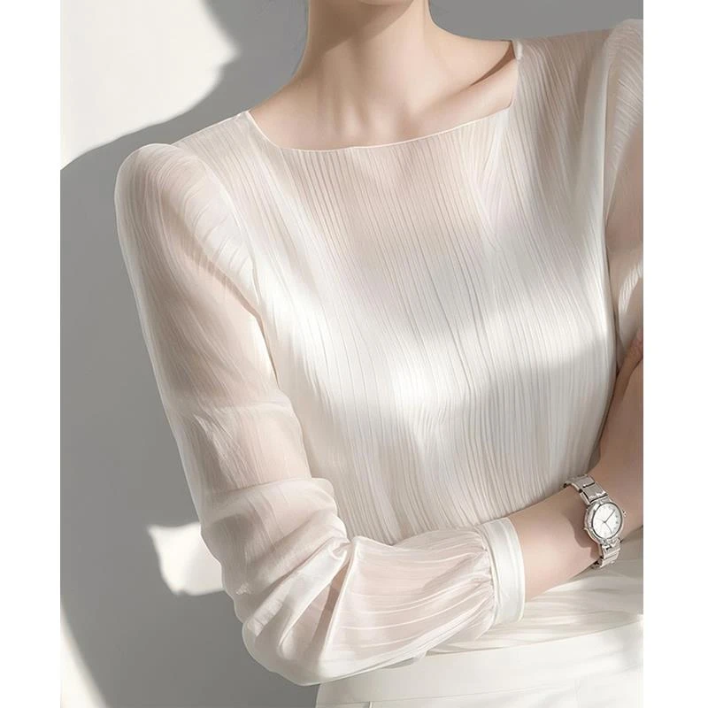时尚高端轻奢风米白色圆领长袖衬衫女2025春季款洋气好看减龄衬衣