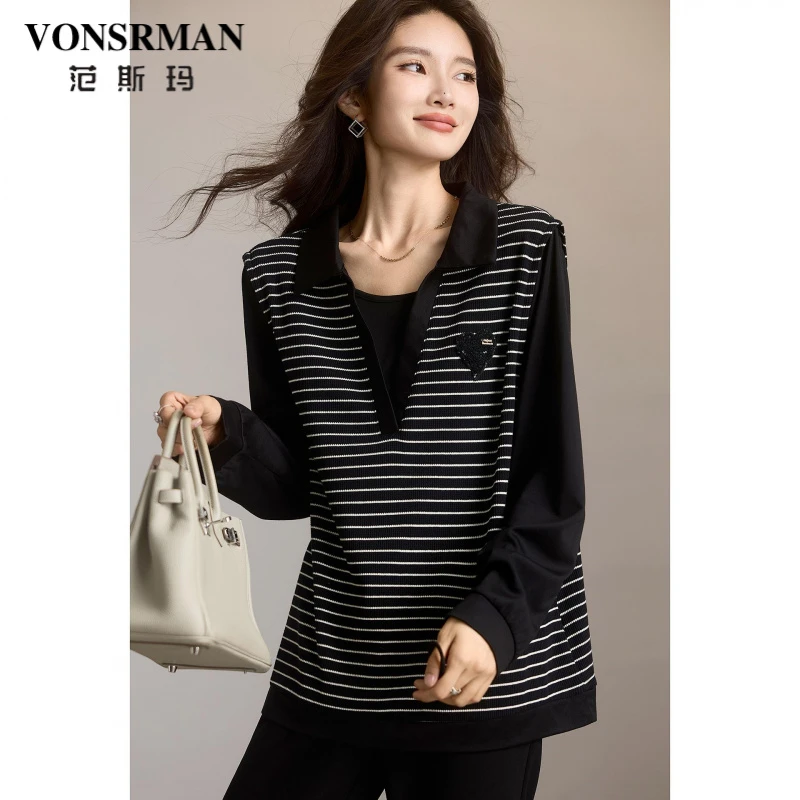 VONSRMAN/范斯玛时尚撞色条纹卫衣2025秋季新款休闲显瘦日常大码