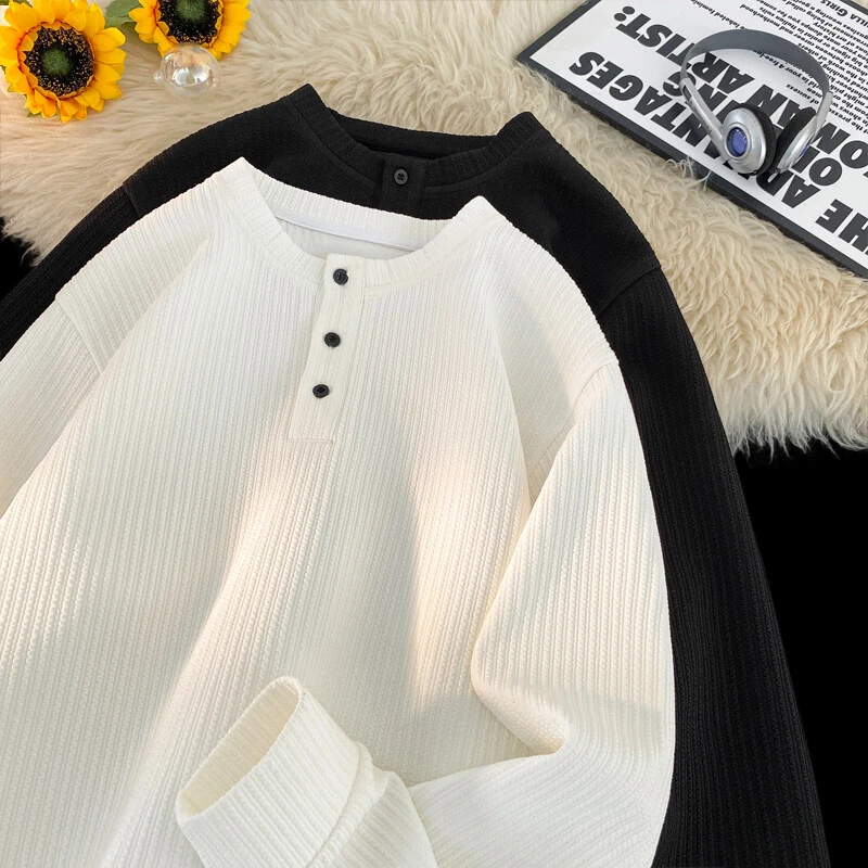 美式亨利衫长袖T恤男秋冬季白色内搭潮流痞帅宽松大码男士打底衫