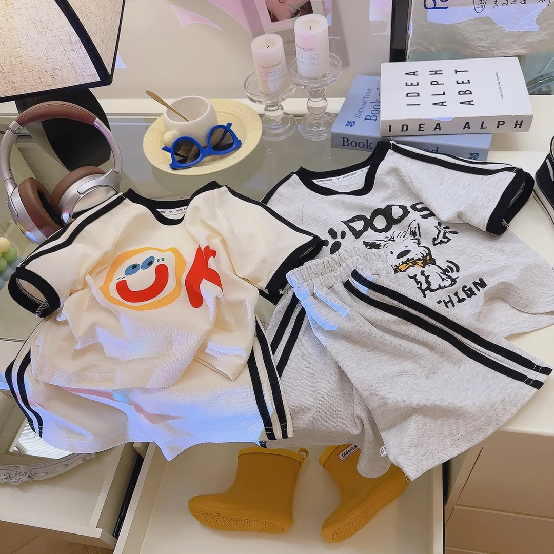 儿童珠地棉套装侧条运动套装含棉可爱套装男女童款