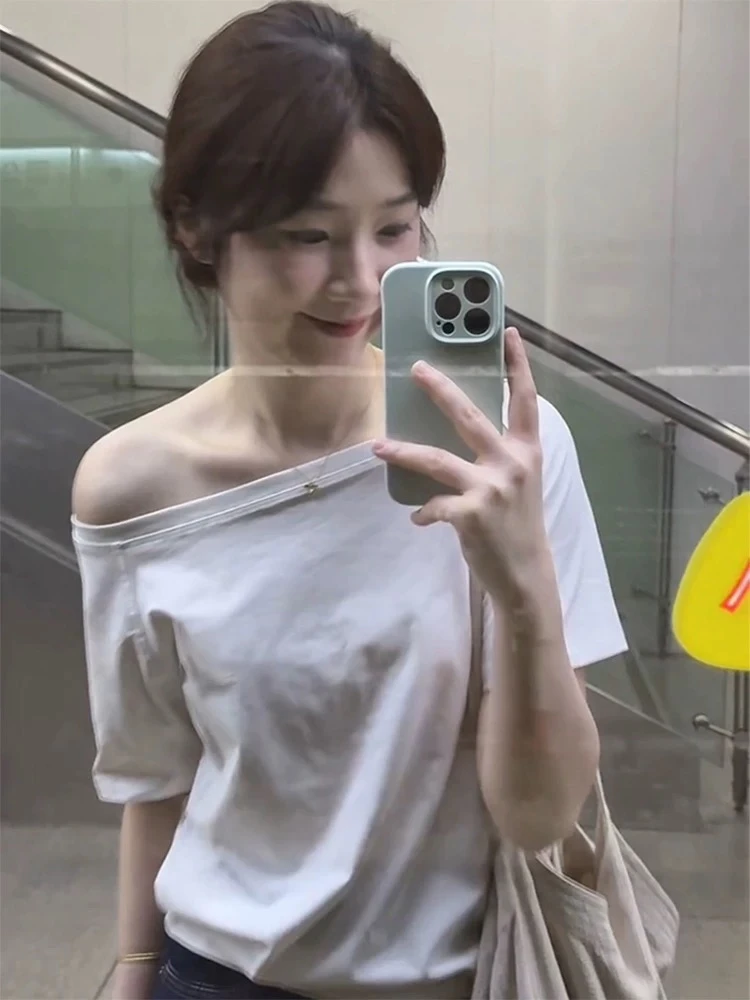 纯欲甜美斜肩短袖T恤辣妹夏一字领露肩宽松慵懒松弛感上衣女体恤