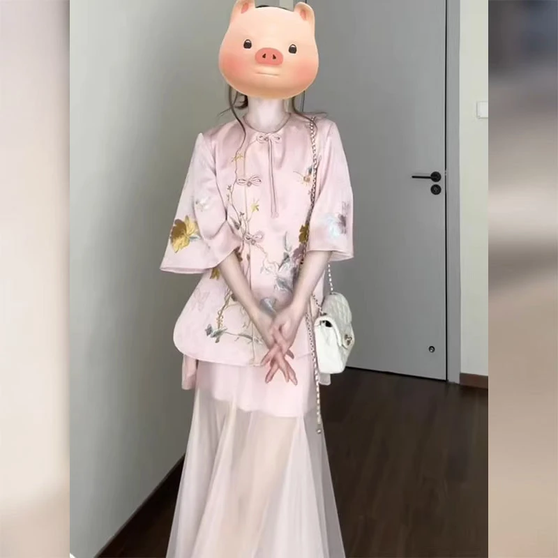 新中式国风粉色盘扣上衣网纱半裙轻奢时尚高级感套装2025年春夏季