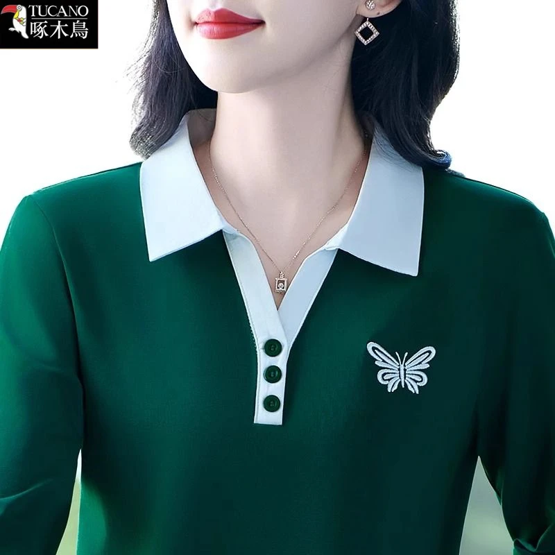 啄木鸟新款刺绣通勤POLO衫2025年春秋长袖T恤设计感翻领运动上衣