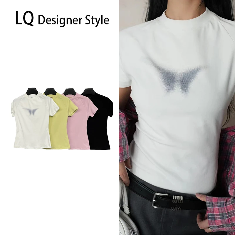 【Q-俏俏】设计师款高定渐变蝴蝶印花短袖T恤03002