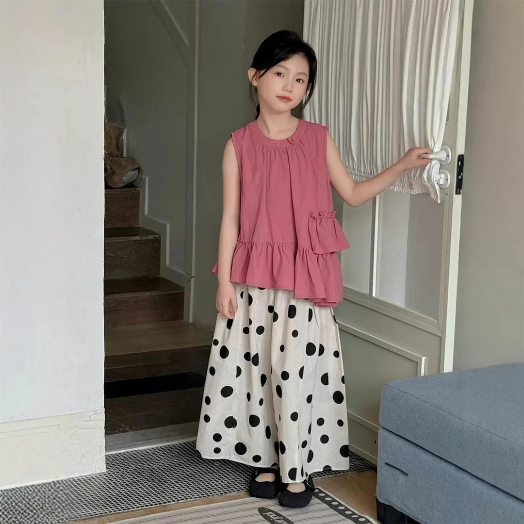 2025夏季新款韩版女童文艺花边无袖上衣儿童个性波点大阔腿裤套装