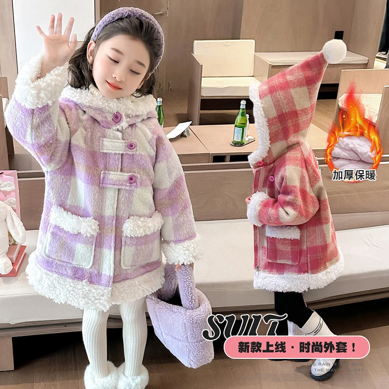 女童毛呢加棉外套秋冬装儿童韩版呢大衣宝宝加厚棉衣连帽格子衣服