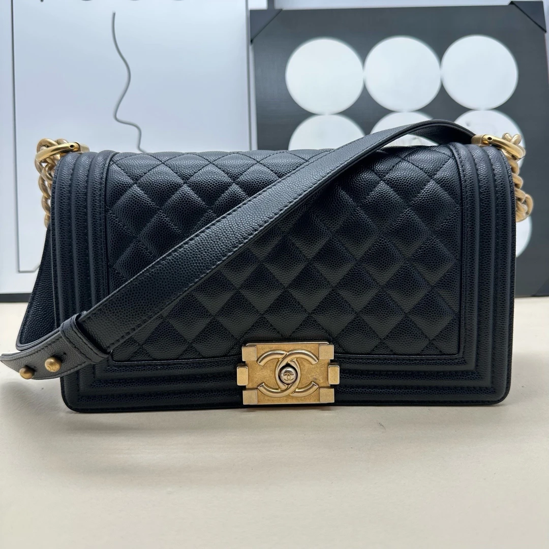 95新 Chanel/香奈儿 黑金荔枝皮中号leboy 30开 -W120054