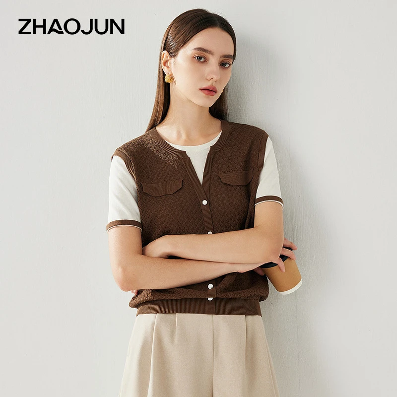 zhaojun/兆君25春夏新款桑蚕丝圆领短款半袖假两件T恤衫ZST7034