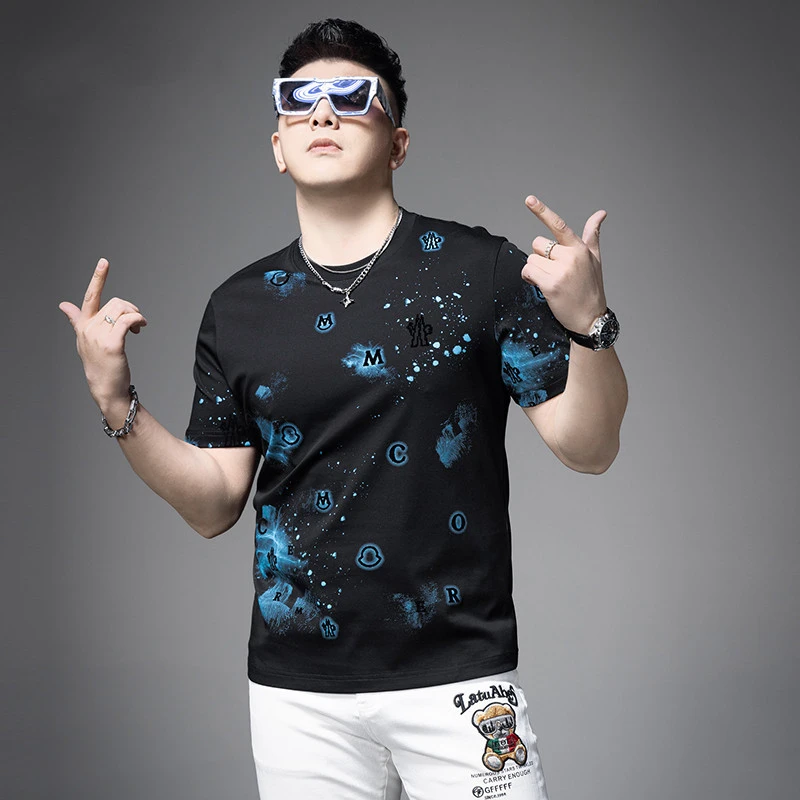 男士休闲潮牌印花短袖T恤圆领2025夏季新款时尚修身半袖体恤男装