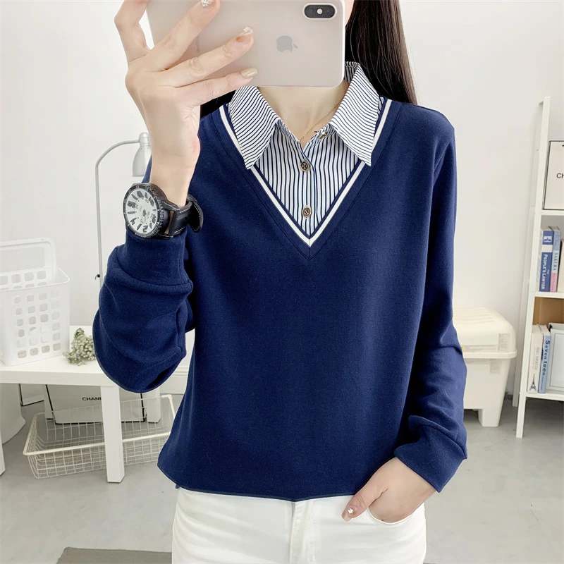 假两件Polo翻领蓝色即墨卫衣女早春2025洋气休闲女装宽松长袖T恤