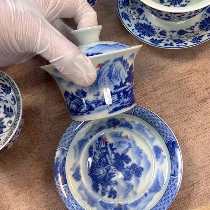 瓷片富春山居图马蹄盖碗全品