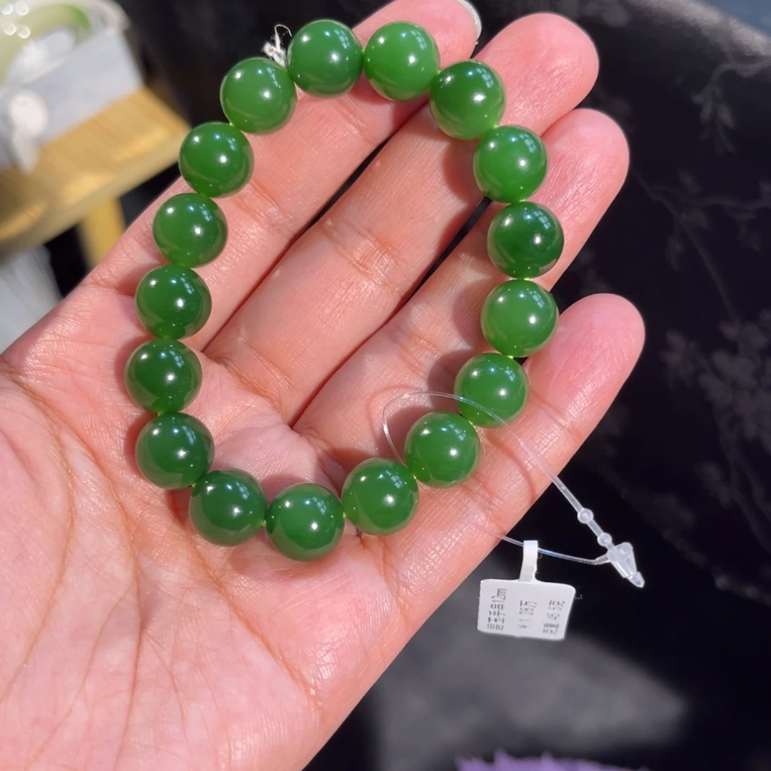 和田玉未镶嵌手镯12mm辣阳绿碧玉手串 色正肉细