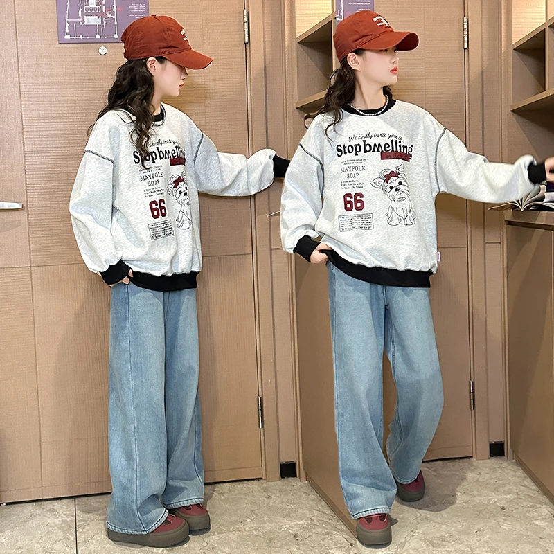 女童套装春装新款女孩儿童洋气卡通卫衣大童学生春秋牛仔阔腿裤子