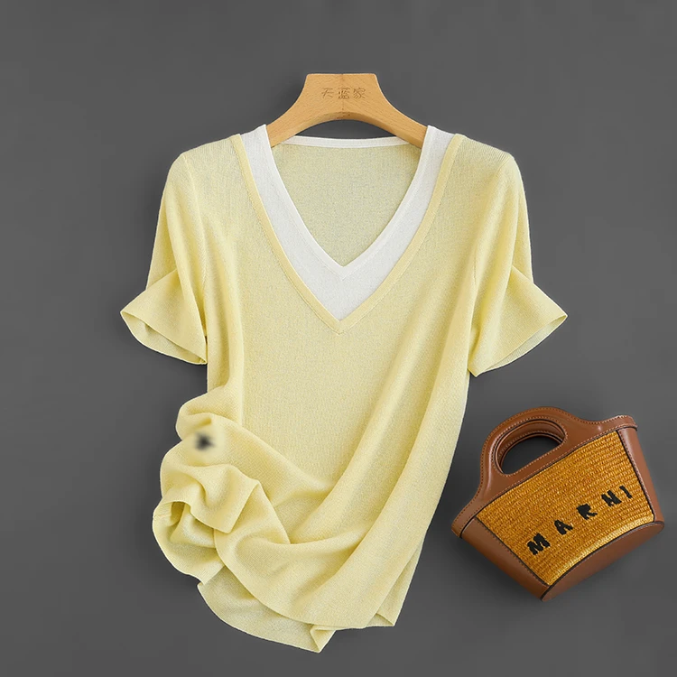 招牌假两件显瘦撞色V领短袖针织衫T恤女春夏