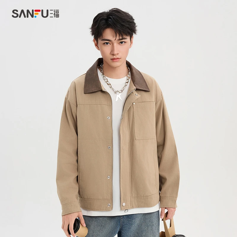 SANFU/三福翻领男春夏季拼接户外夹克休闲时尚户外工装外套500561