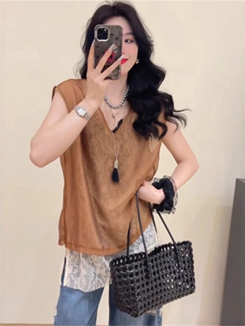 欧货定制新款小v领网纱蕾丝假两件上衣背心8599