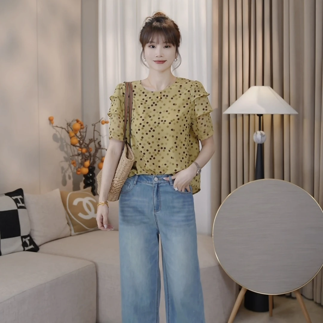 LMENY波点圆舞曲~法式波点印花宽松圆领显瘦小衫25BC048
