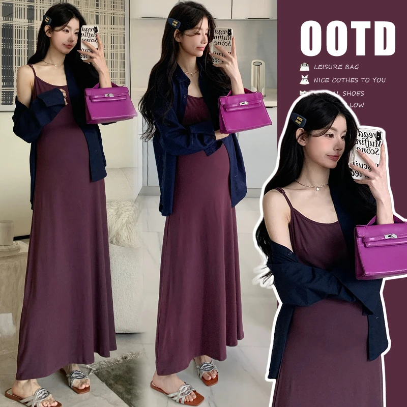 韩版孕妇装新款早春高级感穿搭衬衣+吊带裙两件套