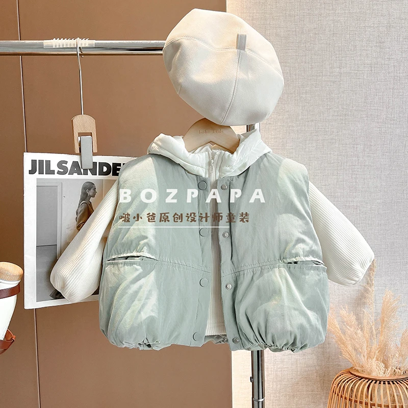 现货【蓝莓泡芙】夹棉马甲2024冬季新款韩版休闲加厚连帽毛衣两件套