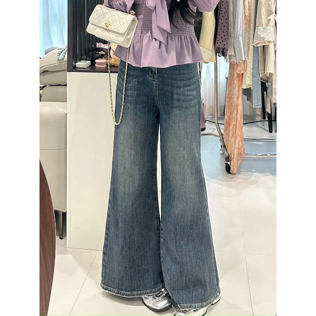 李潇洒 微胖大码早秋复古高腰宽松深色直筒阔腿牛仔裤