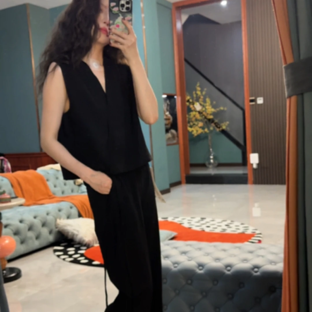 98859高级感v领马甲配长裤套装