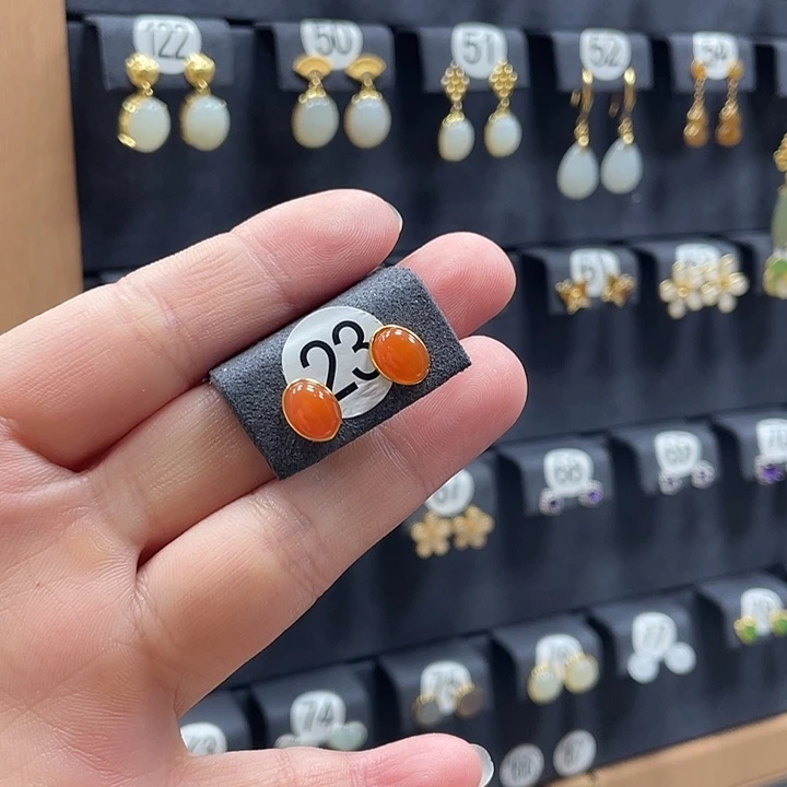 南红玛瑙银S925镀金镶嵌耳饰