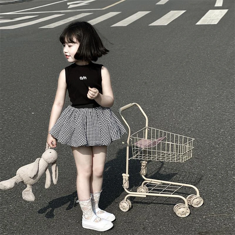 女童2025夏季爆款套装新款女童百搭纯棉背心格子云朵花苞裤套装