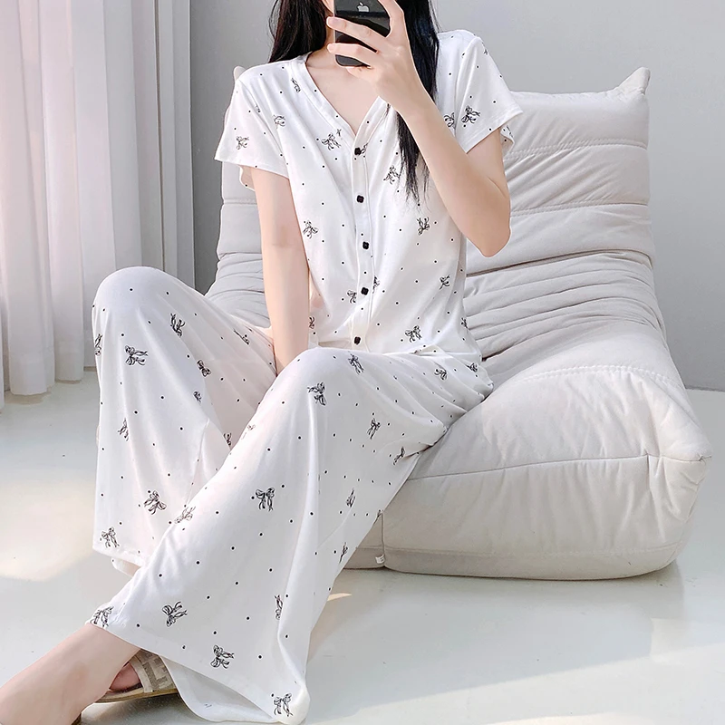 睡衣女款春夏季甜美蝴蝶结时尚休闲短袖长裤可外穿家居服礼盒套装