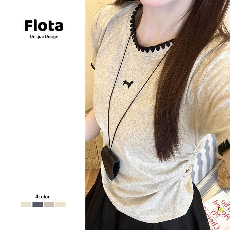 【flota】可爱小狗刺绣拼色花边圆领短袖T恤女夏季短款修身上衣1310