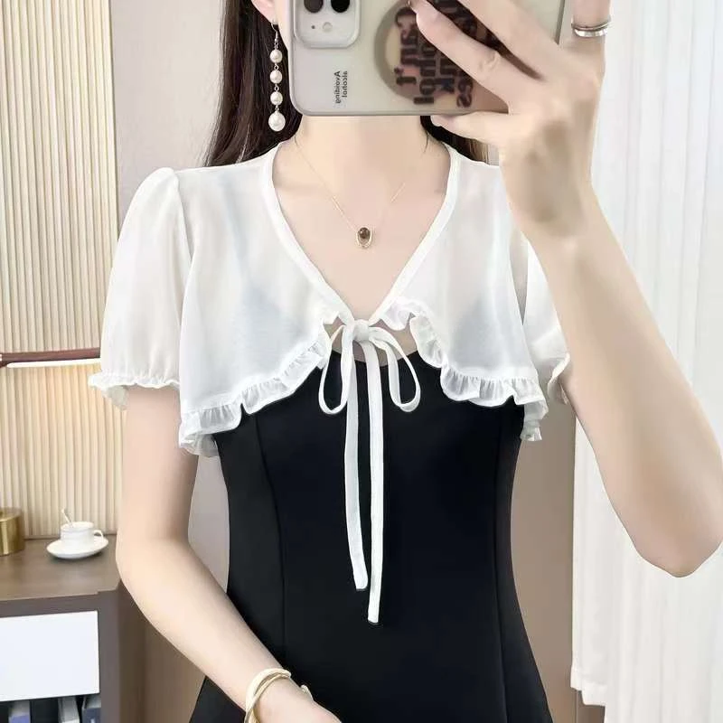 百搭薄款时尚披肩小外套女士2025夏季新款透气外穿短袖系带小坎肩