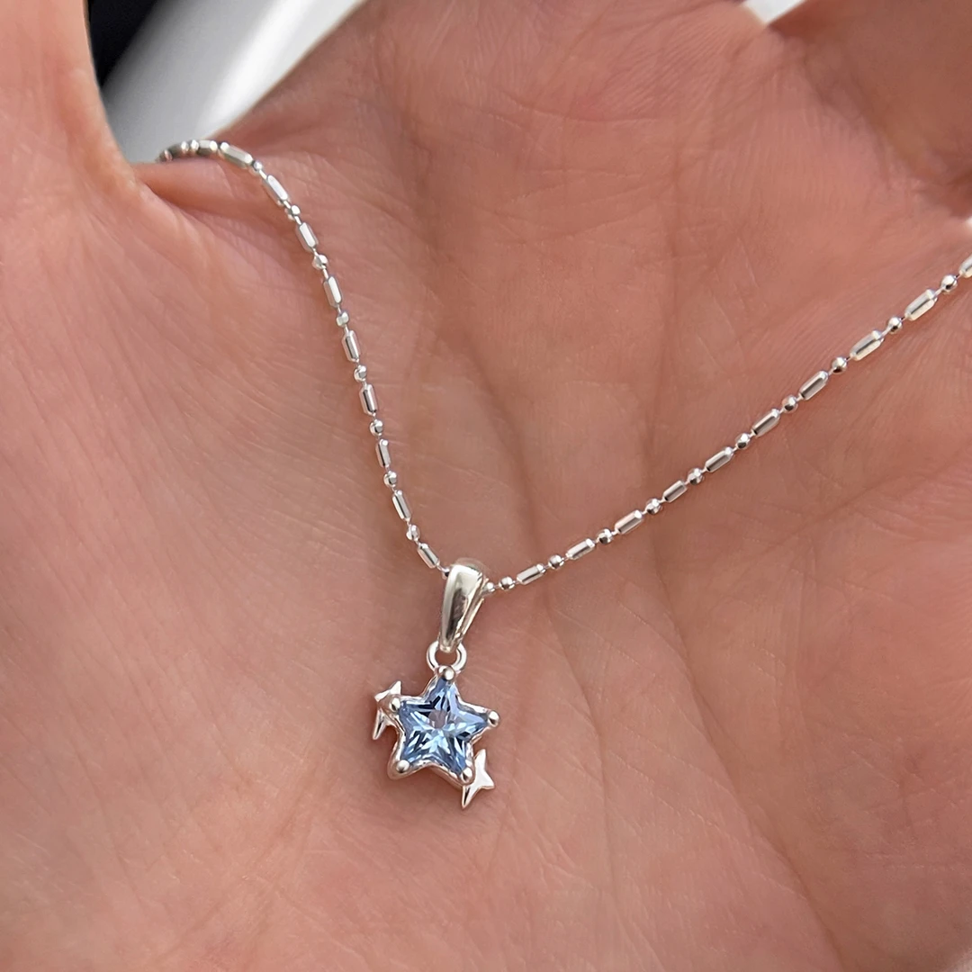 坠链均925银 925纯银蓝色星星项链小众清新时尚气质锁骨链女精致