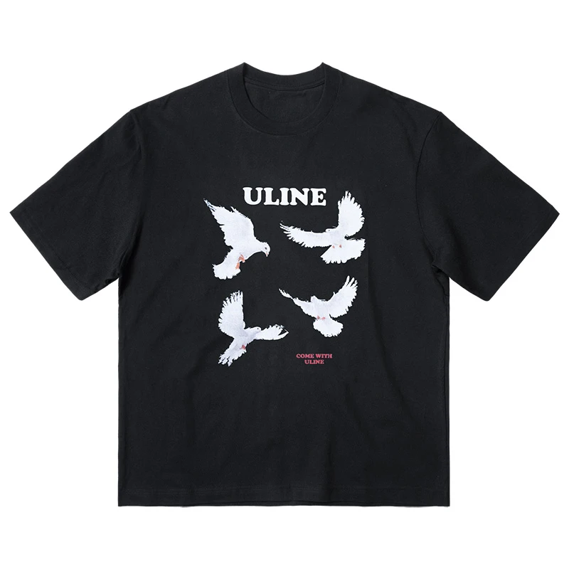 ULINE飞翔的白鸽印花短袖复古美式潮流休闲夏季宽松圆领T恤
