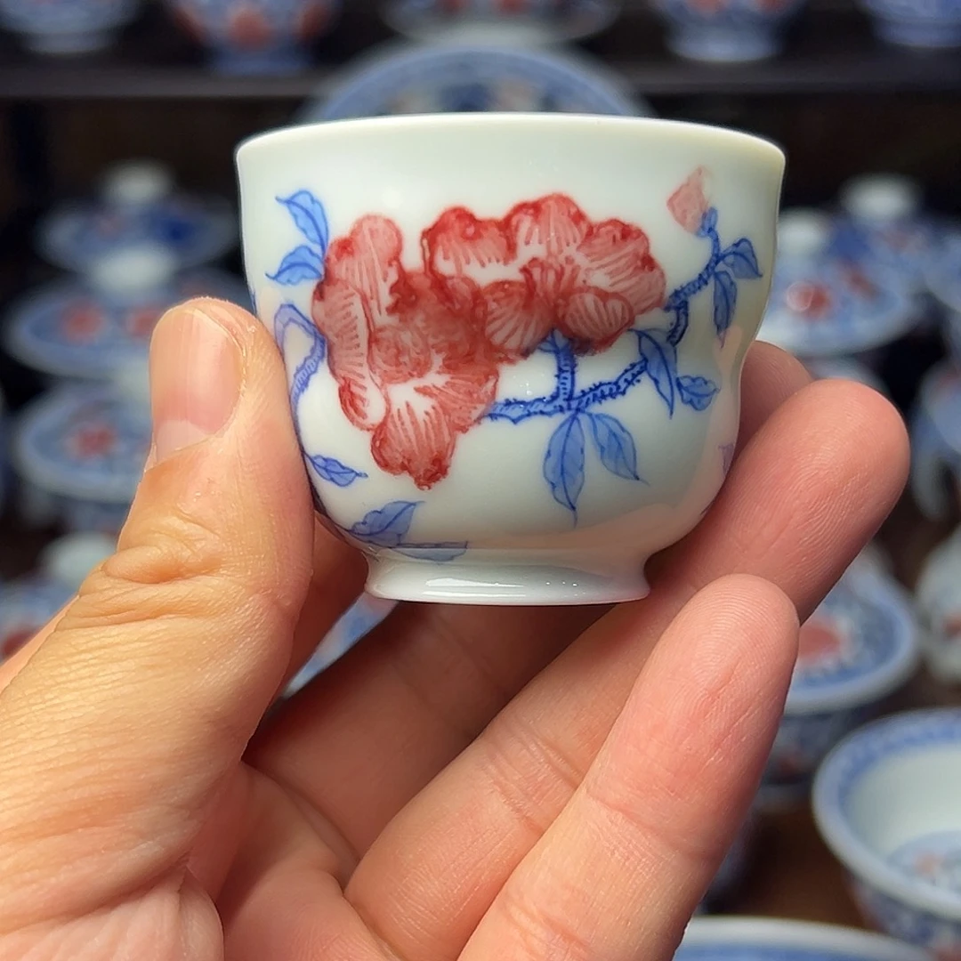 青花釉里红葫芦杯落渣大瑕
