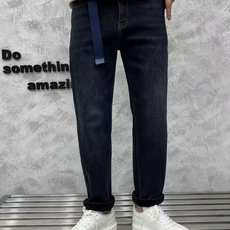 2025冬季男士加绒加厚小直筒牛仔裤宽松弹力磨毛时尚休闲裤子