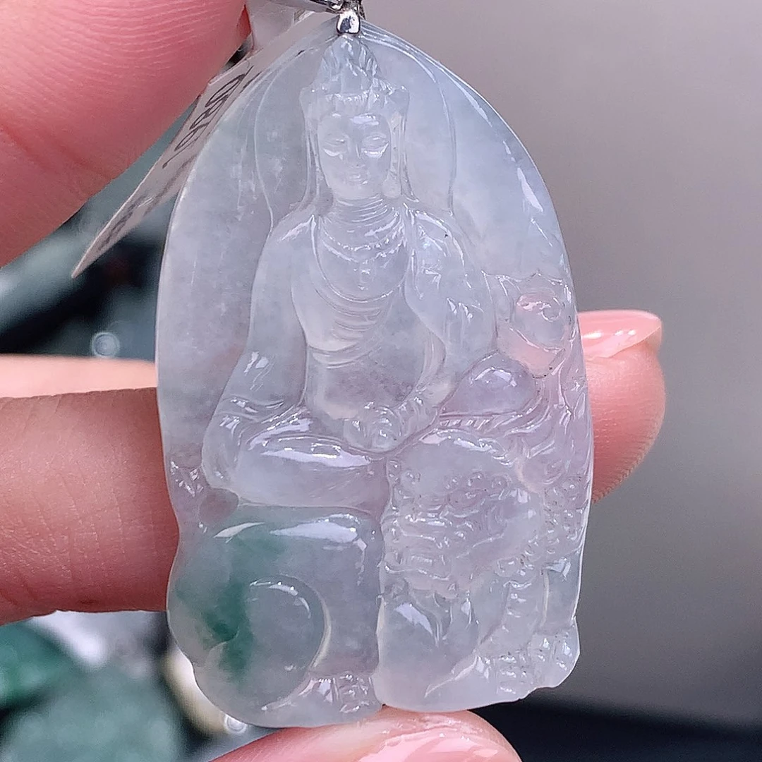 颈饰18K金镶嵌翡翠白冰飘花文殊