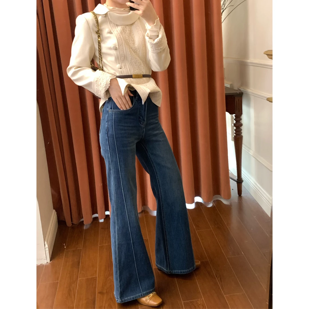 蓝色高腰微喇叭牛仔裤女秋季复古水洗修身显瘦休闲长裤25016