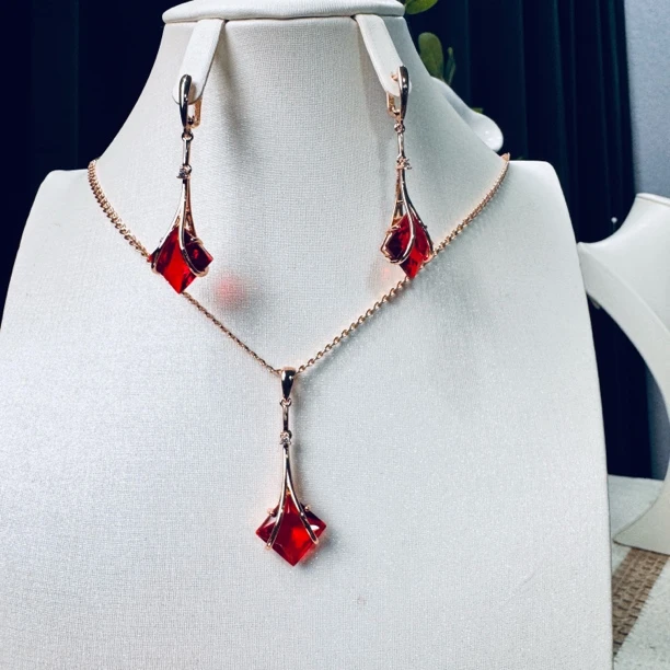 钛钢玻璃项链 TJ136 项链耳环戒指三件套首饰套装