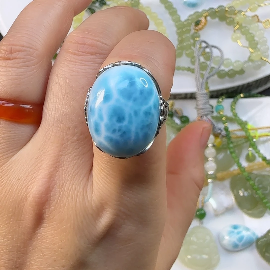 针钠钙石（海纹石）银S925镶嵌戒指海**?