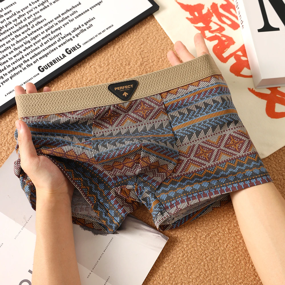 3条装复古风男士内裤男个性舒适平角裤中腰四角裤透气男式短裤