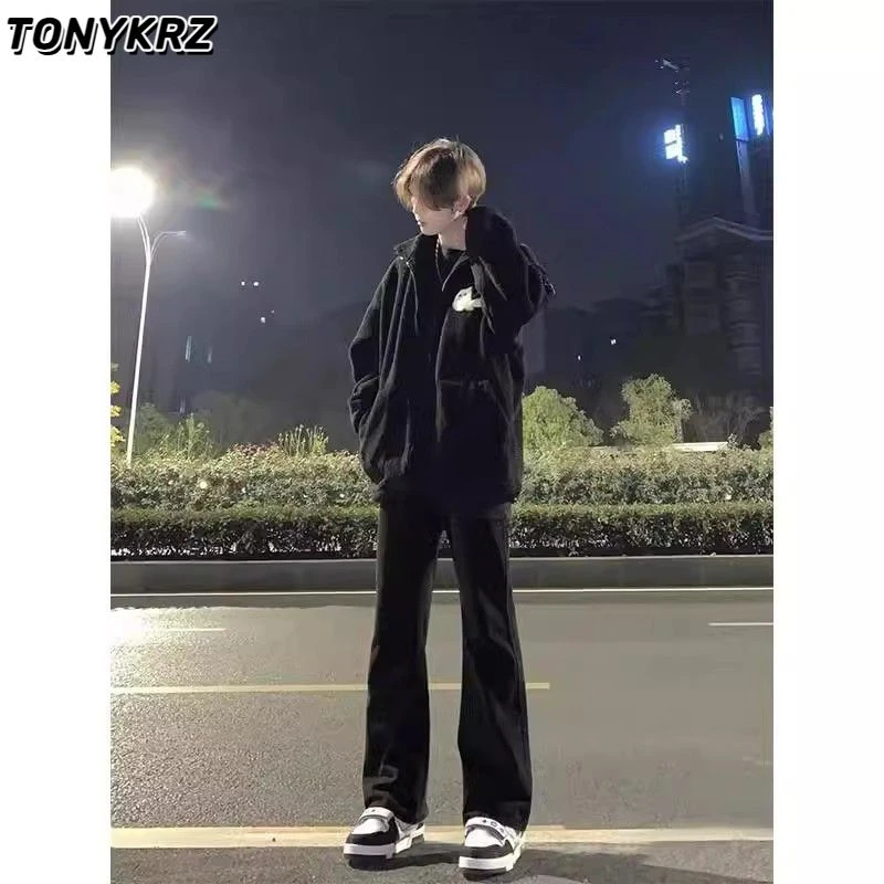 TONYKRZ美式vibe风微喇裤男春夏季高街帅气百搭纯黑色牛仔裤ins