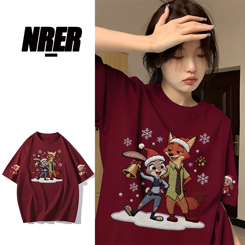 FNFE圣诞尼克狐纯棉男女同款宽松版港风夏季短袖t恤韩版圆领体恤