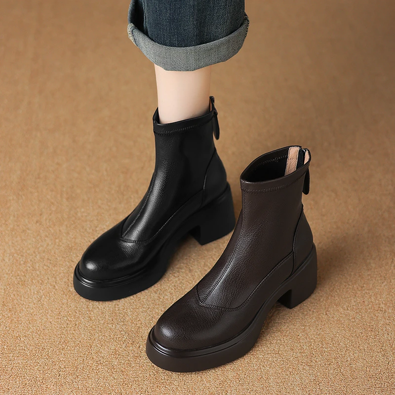 跟7cm/牛皮/2025秋冬新款弹力短靴简约百搭舒适粗跟圆头女鞋2882