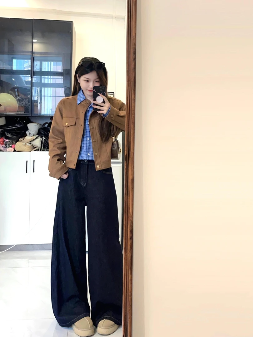 【年轮】2025秋季新款高级气质外套蓝色衬衫阔腿裤三件套女通勤