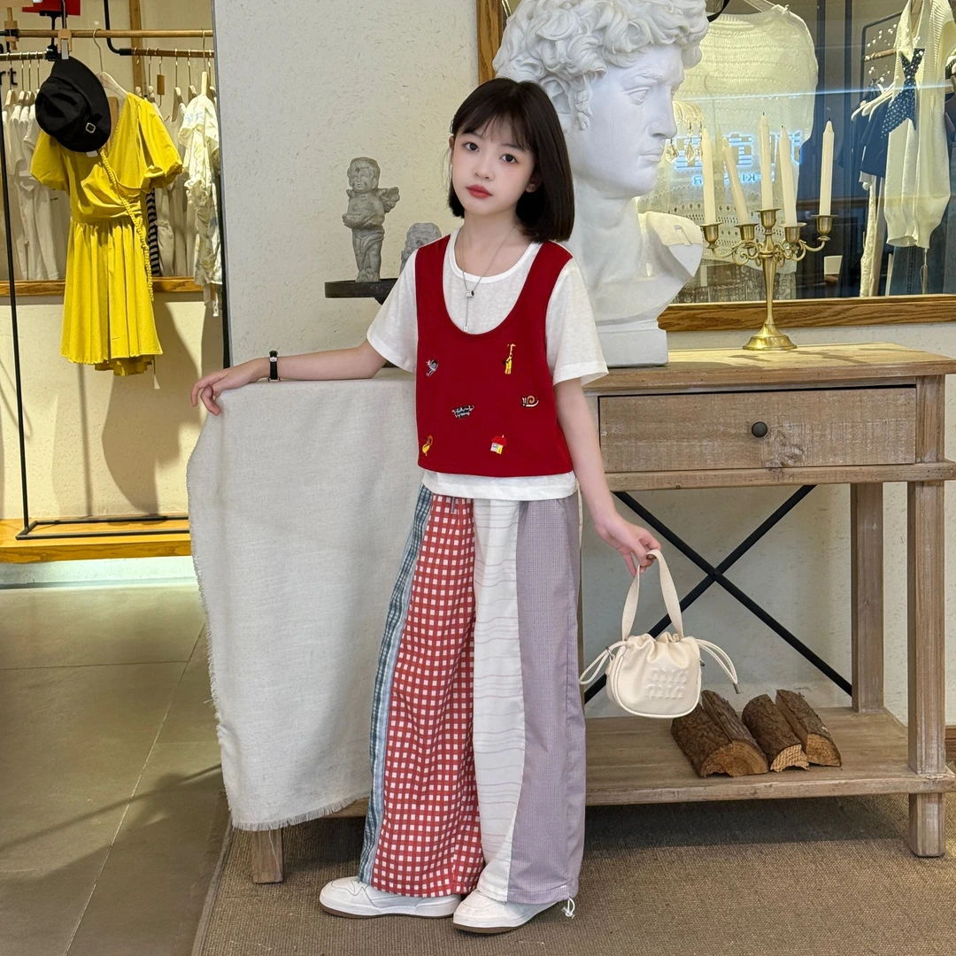 网红爆款日韩系拼色格子裤洋气假两件T恤多巴胺撞色格子裤套装