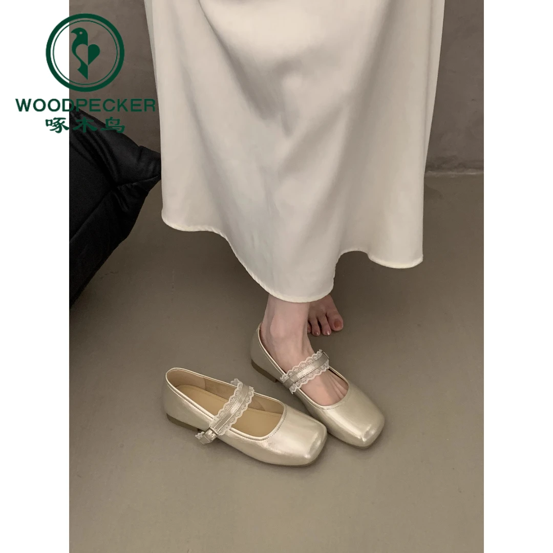 啄木鸟法式平底芭蕾单鞋女2025新款夏季配裙子玛丽珍豆豆鞋小皮鞋
