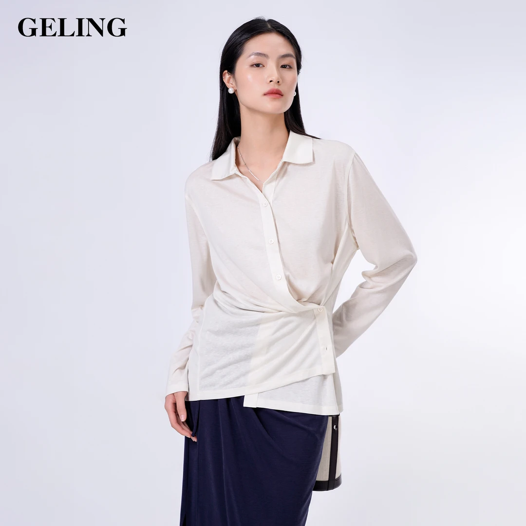 GELING/歌&玲秋季新款设计感天丝混纺围裹式长袖针织衬衫G511X28